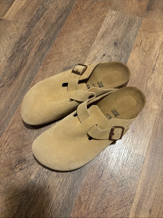 Birkenstock Shoes - Birkenstock Bostons Tan Suede Slip-On Clogs in Camel